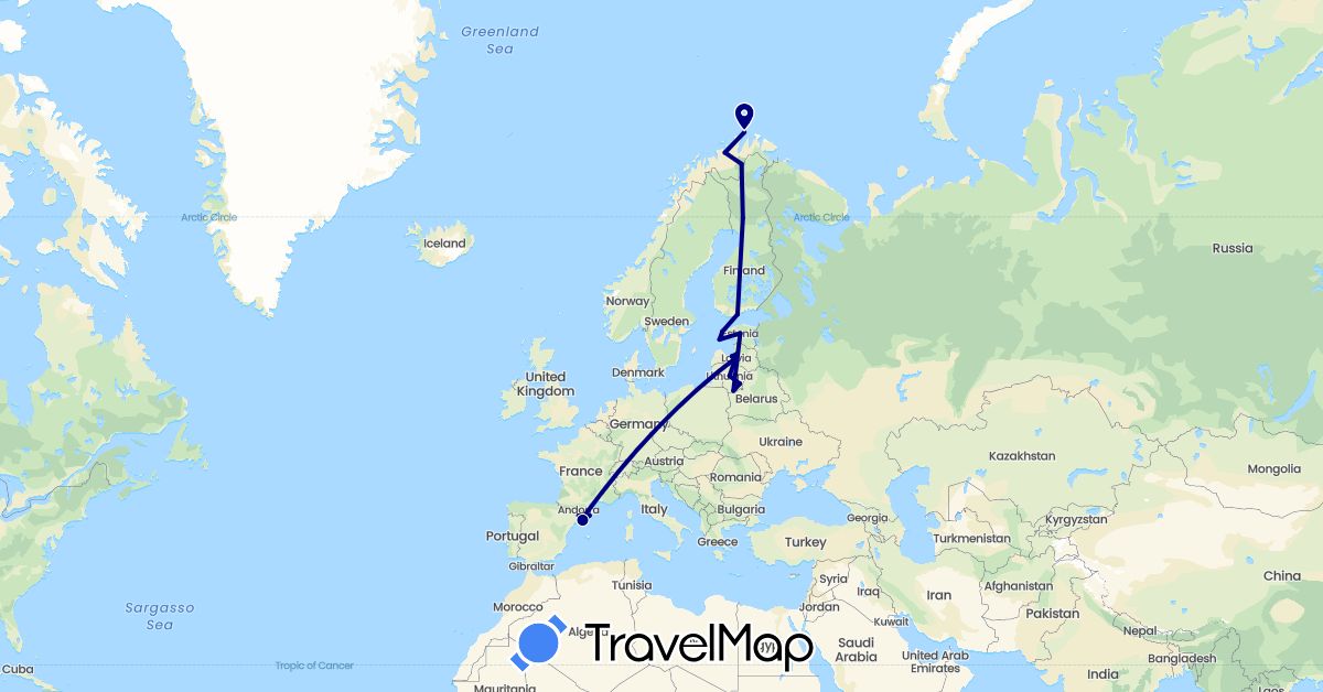 TravelMap itinerary: driving in Estonia, Spain, Finland, Lithuania, Latvia, Norway (Europe)